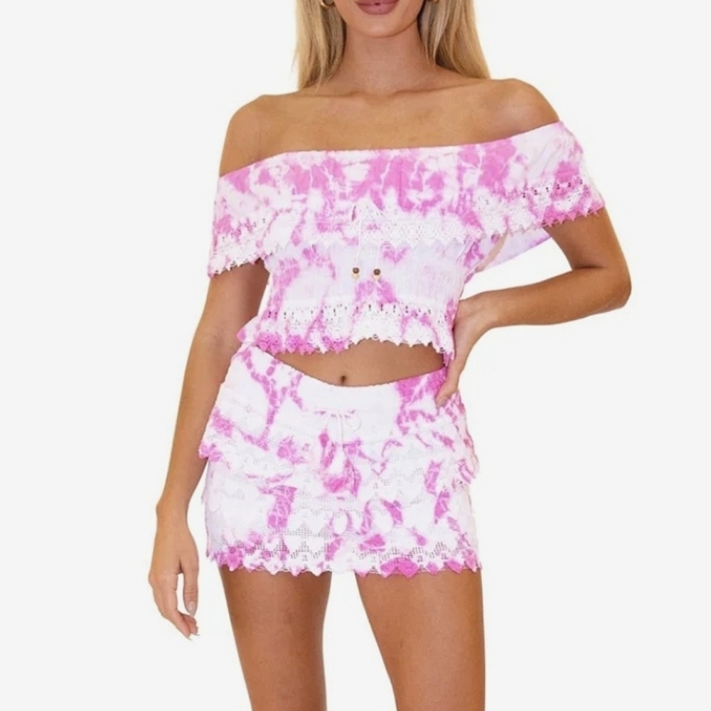 SEASPICE Resortwear 'Polly' Tiered Crochet Skort In Tie-dye Pink/white. Size Med